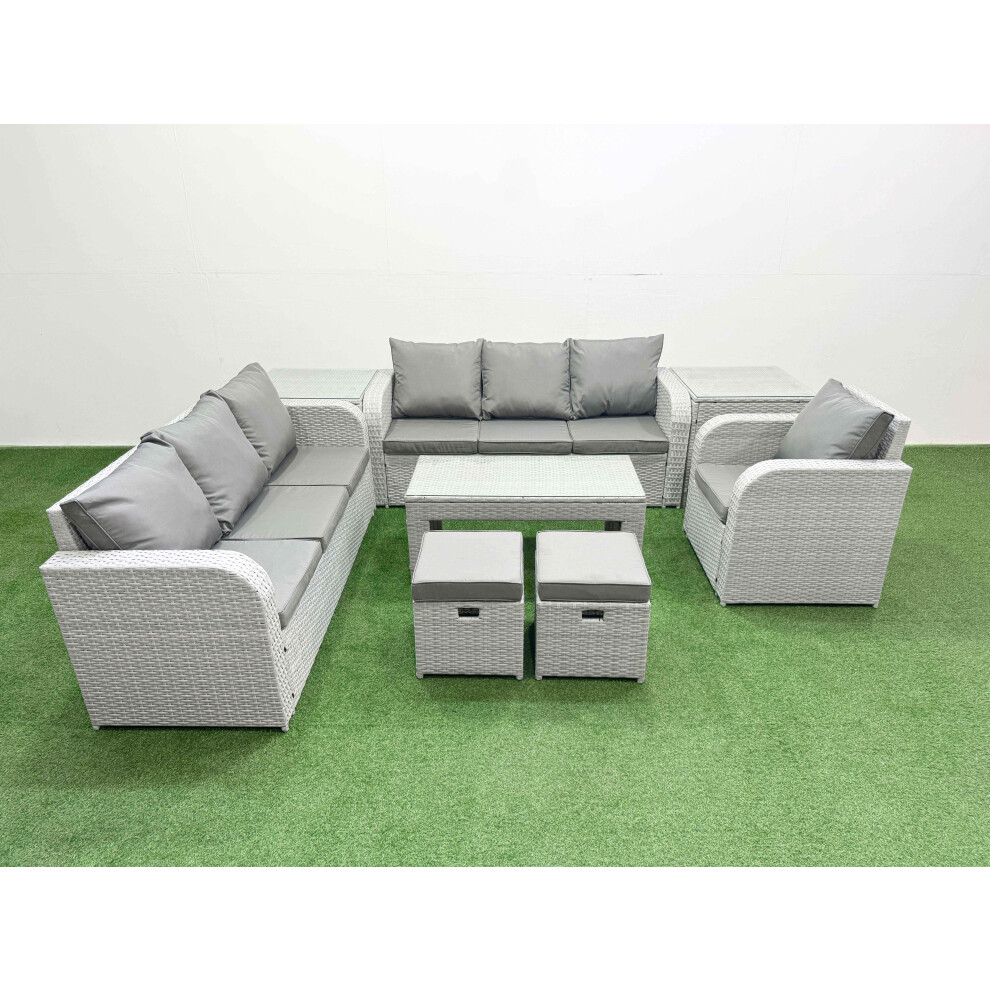 Fimous 9 Seater Poly Rattan Outdoor Garden Furniture Oblong Coffee Table Sofa Set Patio 3 Seater Sofa Stools 2 Side Table Light Grey