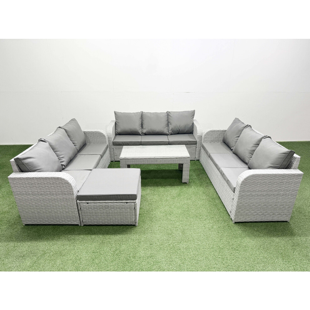 Fimous PE Rattan Lounge Sofa Set 10 Seater Outdoor Garden Furniture Set with3 Seater Sofa Big Footstool Light Grey