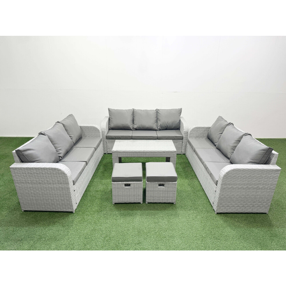 Fimous PE Rattan Lounge Sofa Set 11 Seater Outdoor Garden Furniture Set with3 Seater Sofa 2 Stools Light Grey