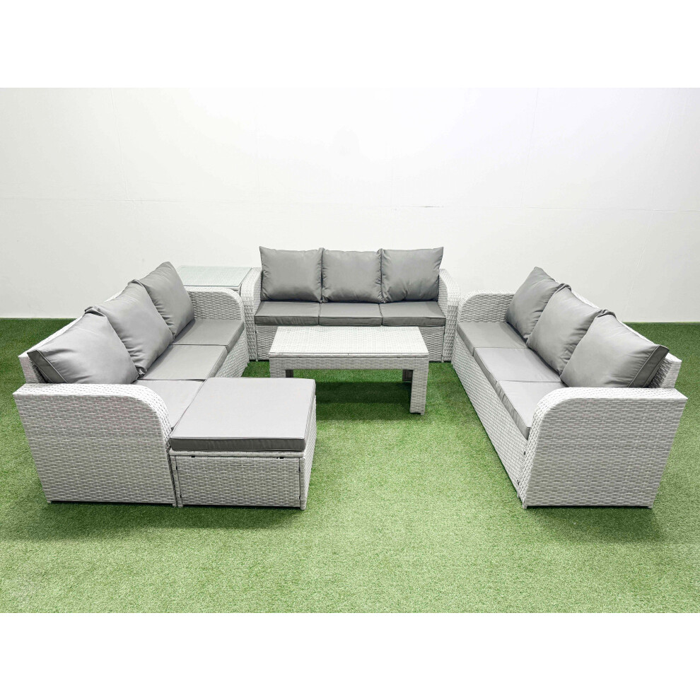 Fimous PE Rattan Lounge Sofa Set 10 Seater Outdoor Garden Furniture Set with3 Seater Sofa Big Footstool Side Table Light Grey