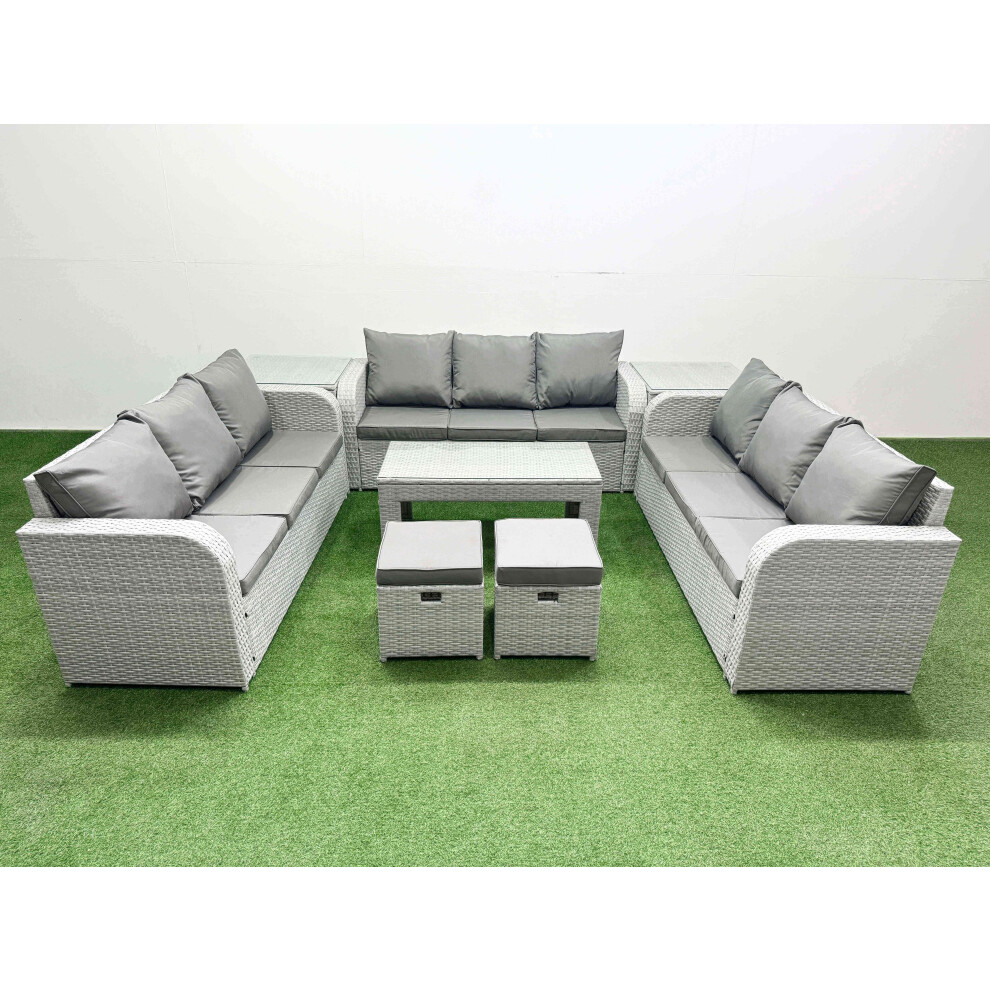 Fimous PE Rattan Lounge Sofa Set 11 Seater Outdoor Garden Furniture Set with3 Seater Sofa 2 Stools 2 Side Table Light Grey