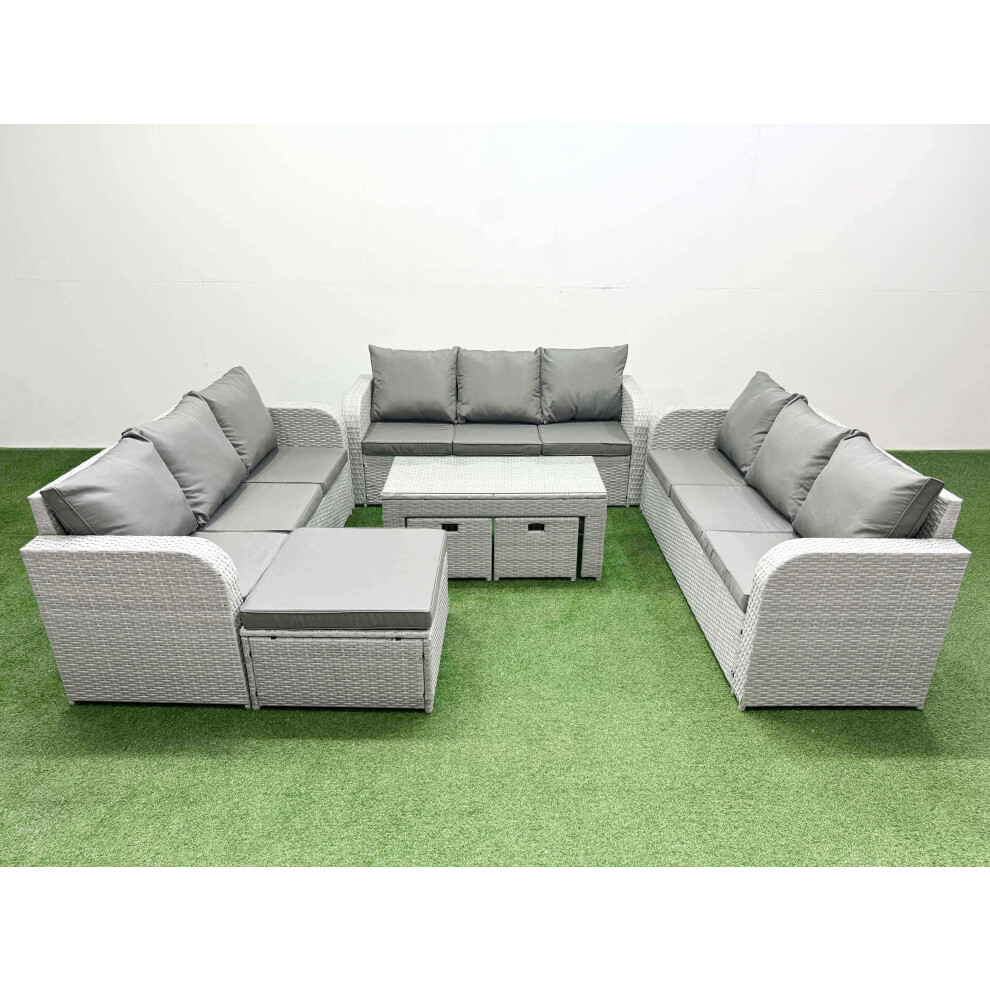 Fimous PE Rattan Lounge Sofa Set 12 Seater Outdoor Garden Furniture Set with3 Seater Sofa 3 Stools Light Grey