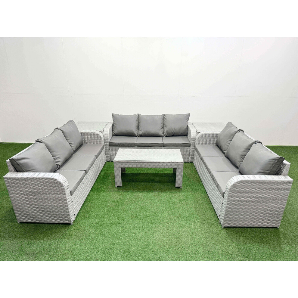 Fimous PE Rattan Lounge Sofa Set 9 Seater Outdoor Garden Furniture Set with3 Seater Sofa 2 Side Table Light Grey