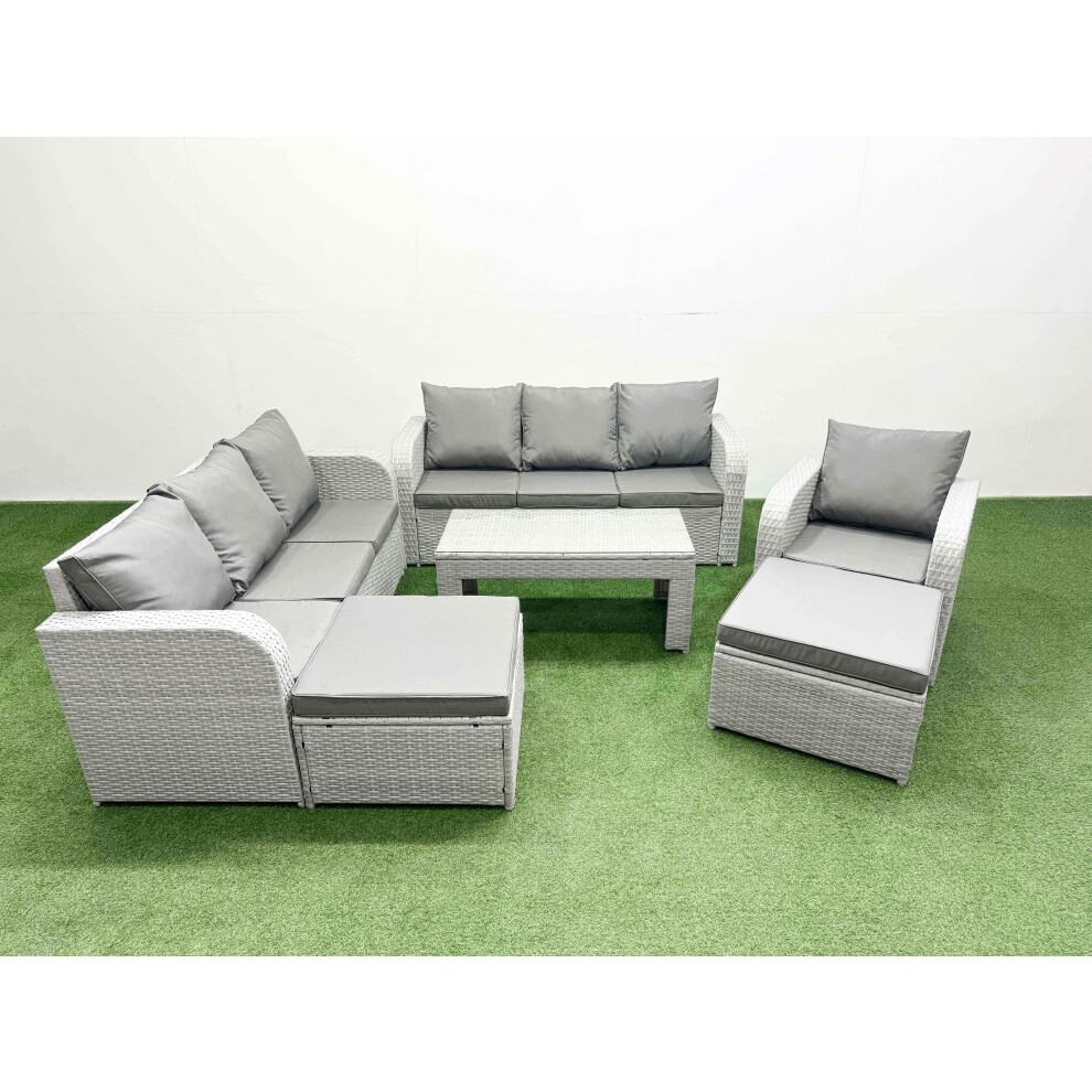 Fimous 9 Seater Poly Rattan Outdoor Garden Furniture Oblong Coffee Table Sofa Set Patio 3 Seater Sofa 2 Big Footstools Light Grey