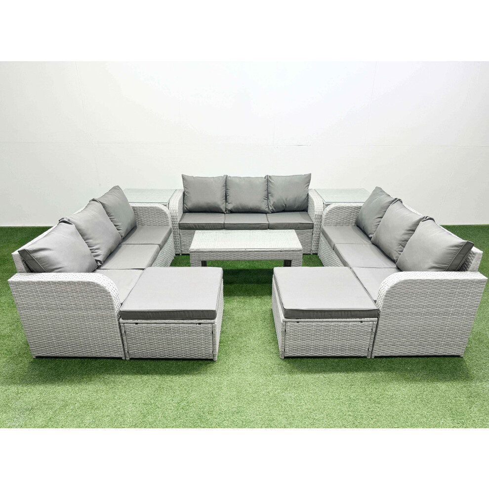 Fimous PE Rattan Lounge Sofa Set 11 Seater Outdoor Garden Furniture Set with3 Seater Sofa 2 Big Footstools 2 Side Table Light Grey