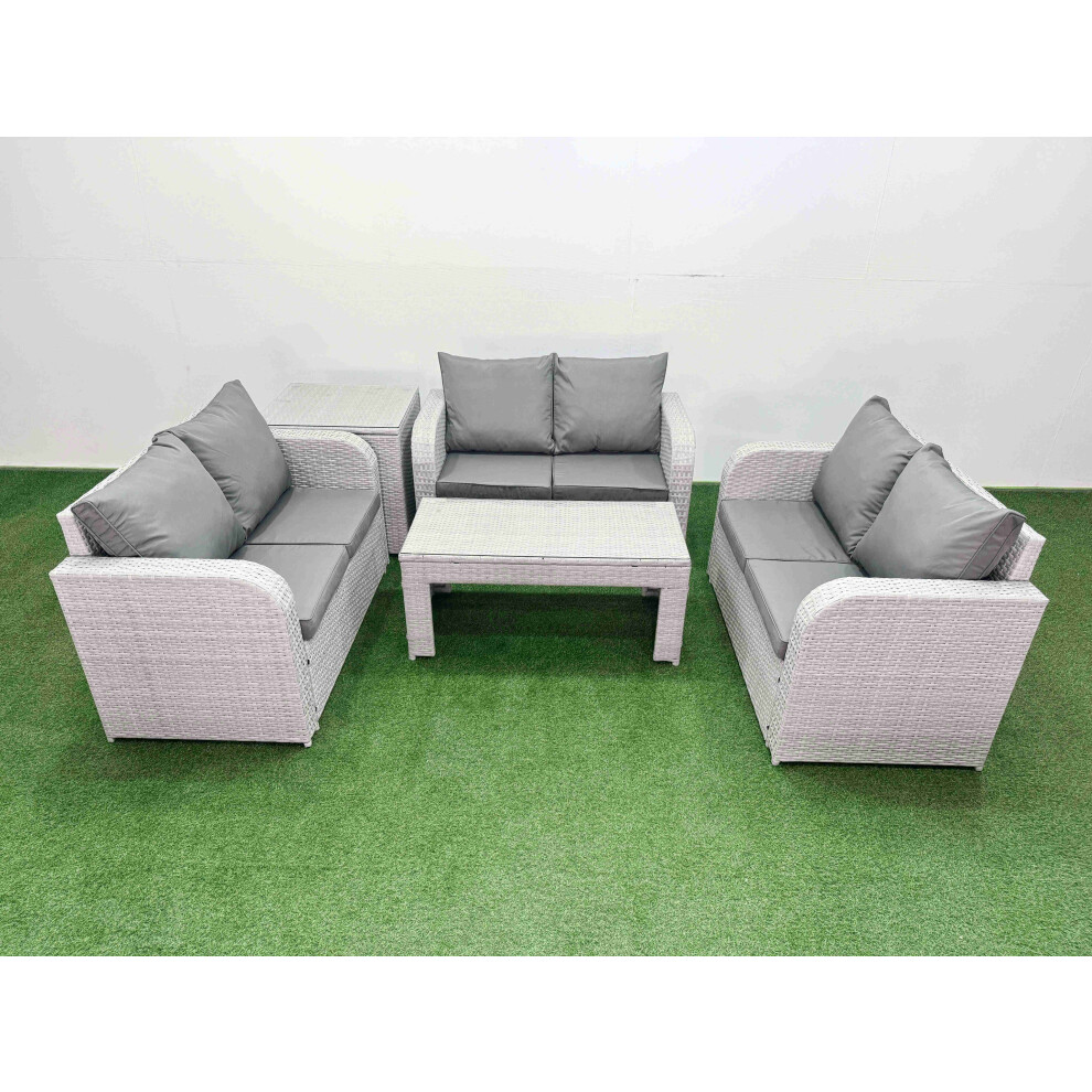 Fimous  6 Seater PE Wicker Rattan Furniture Sofa Sets with Oblong Coffee Table 2 Seater Love Sofa Side Table Light Grey