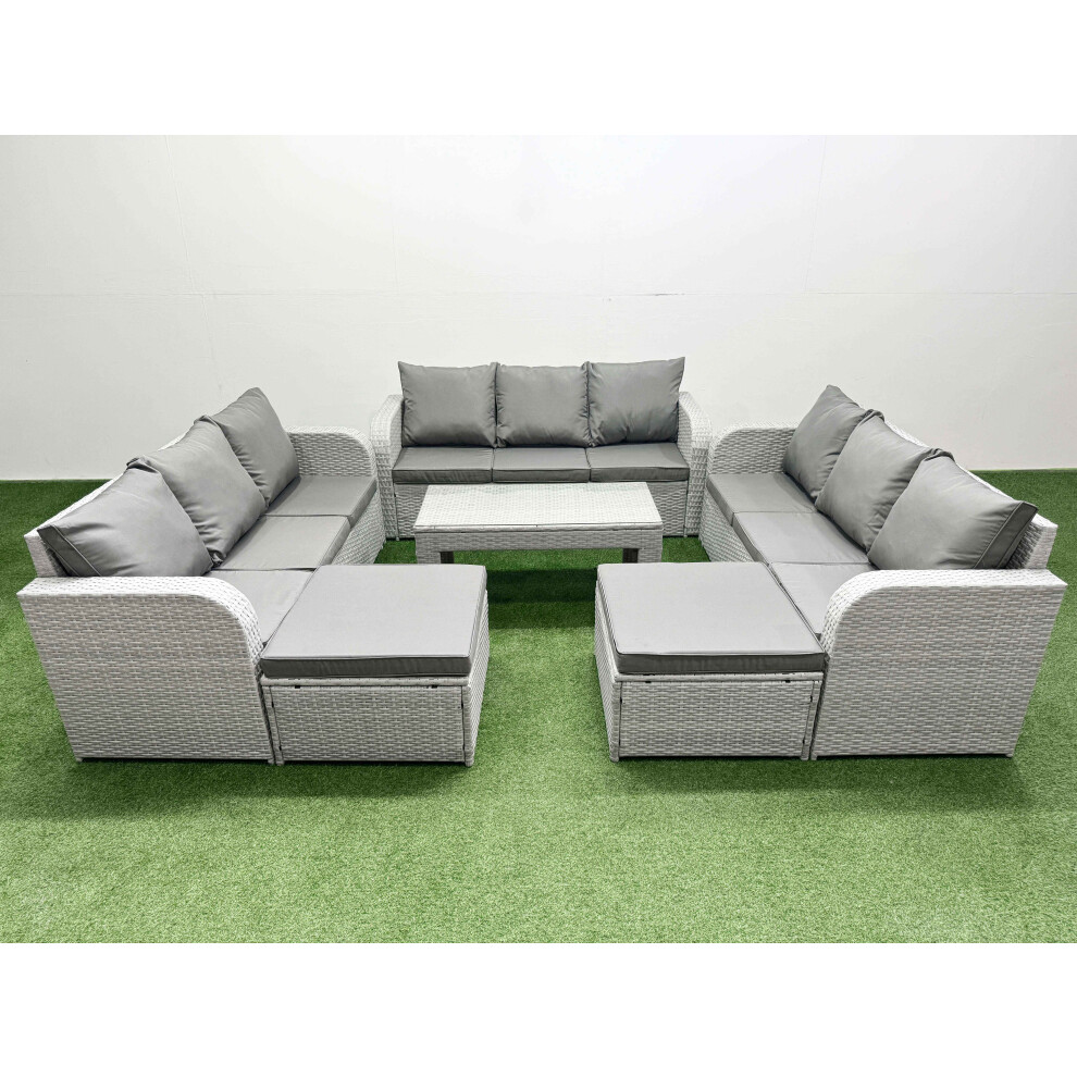 Fimous PE Rattan Lounge Sofa Set 11 Seater Outdoor Garden Furniture Set with3 Seater Sofa 2 Big Footstools Light Grey