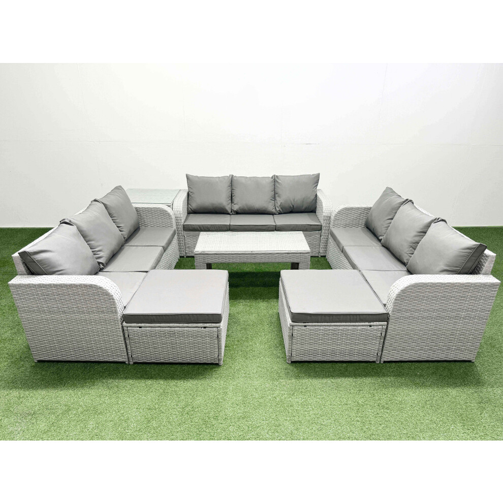 Fimous PE Rattan Lounge Sofa Set 11 Seater Outdoor Garden Furniture Set with3 Seater Sofa 2 Big Footstools Side Table Light Grey