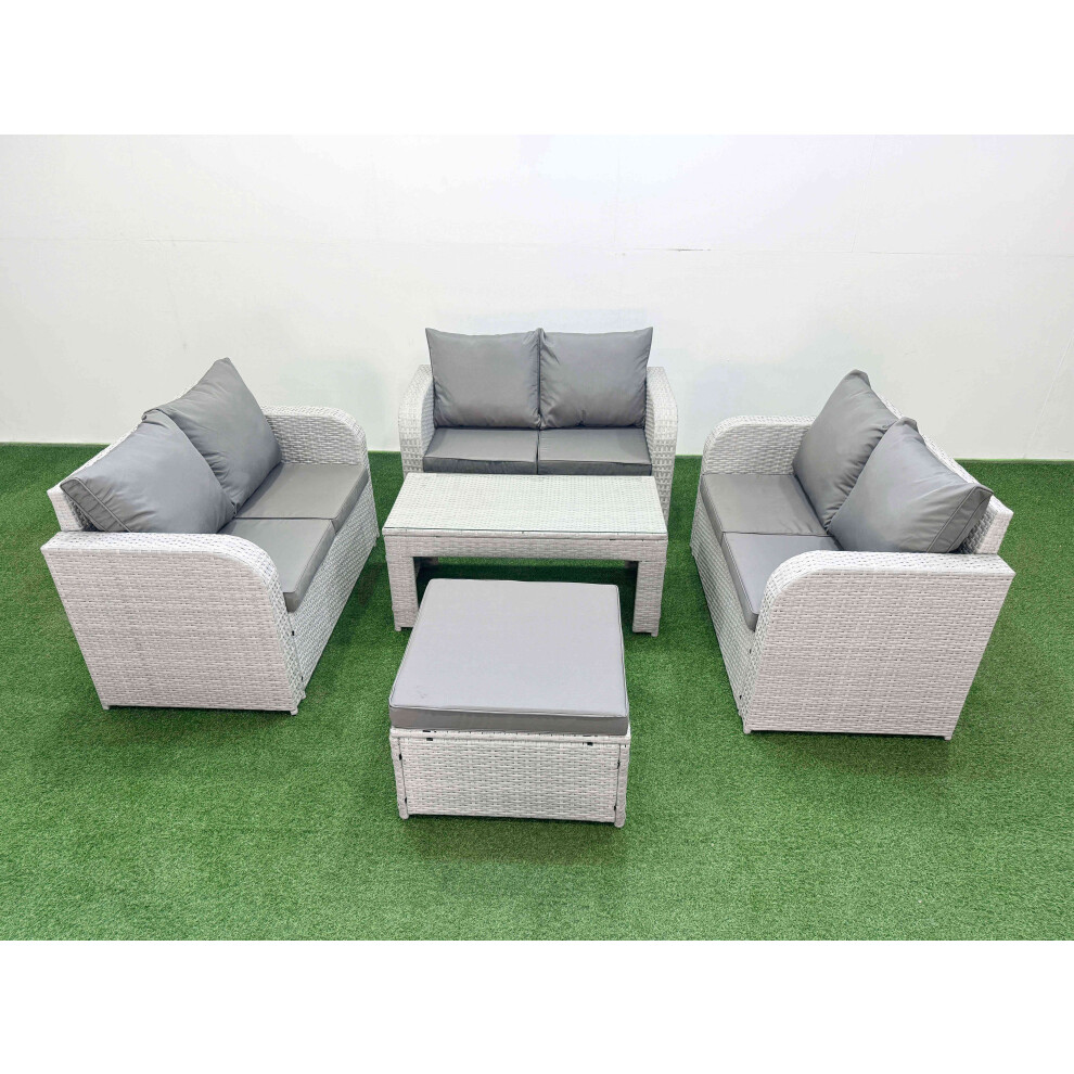 Fimous 7 Seater PE Wicker Rattan Furniture Sofa Sets With Oblong Coffee Table 2 Seater Love Sofa Big Footstool Light Grey