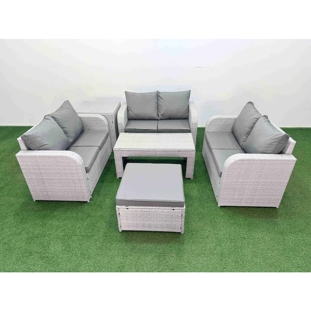 Fimous  7 Seater PE Wicker Rattan Furniture Sofa Sets with Oblong Coffee Table 2 Seater Love Sofa Big Footstool Side Table Light Grey