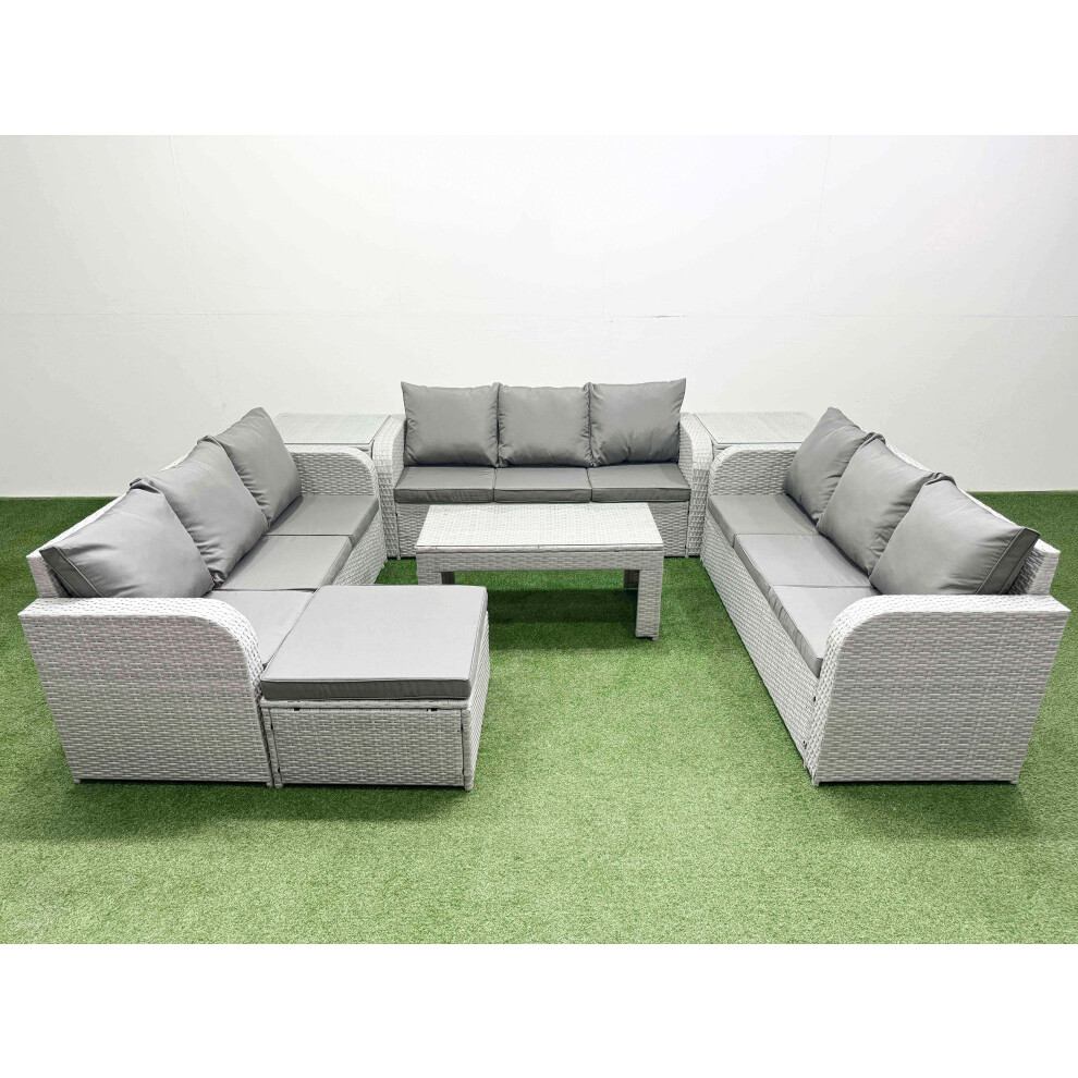 Fimous PE Rattan Lounge Sofa Set 10 Seater Outdoor Garden Furniture Set with3 Seater Sofa Big Footstool 2 Side Table Light Grey