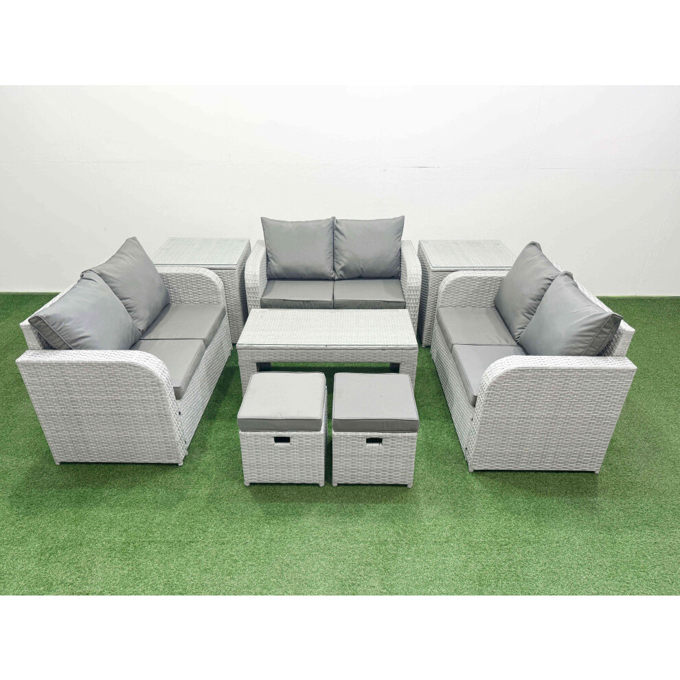 Fimous  8 Seater PE Wicker Rattan Furniture Sofa Sets with Oblong Coffee Table 2 Seater Love Sofa 2 Stool 2 Side Table Light Grey