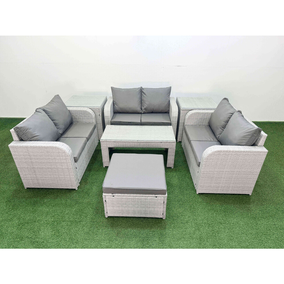 Fimous  7 Seater PE Wicker Rattan Furniture Sofa Sets with Oblong Coffee Table 2 Seater Love Sofa Big Footstool 2 Side Table Light Grey