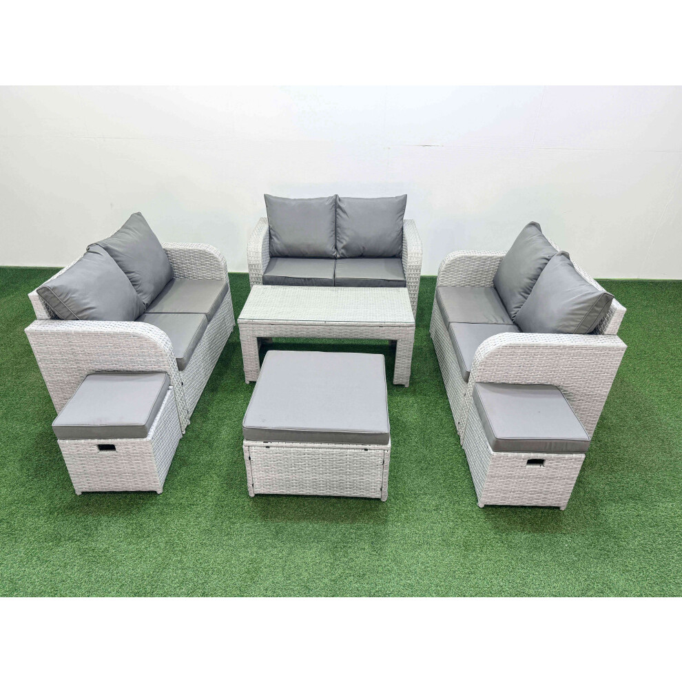 Fimous  9 Seater PE Wicker Rattan Furniture Sofa Sets with Oblong Coffee Table 2 Seater Love Sofa 3 Stool Light Grey