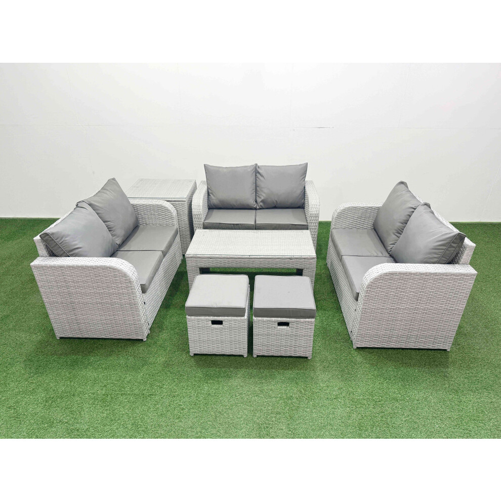 Fimous  8 Seater PE Wicker Rattan Furniture Sofa Sets with Oblong Coffee Table 2 Seater Love Sofa 2 Stool Side Table Light Grey