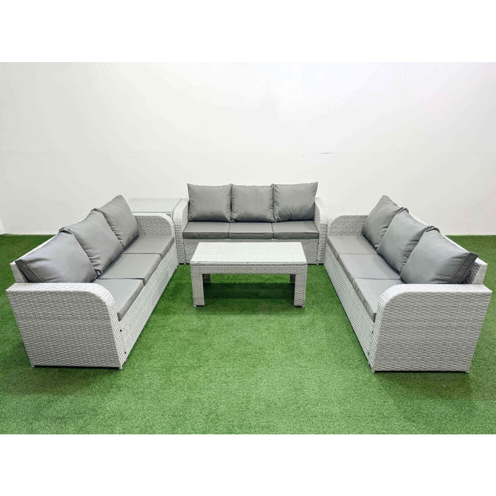 Fimous PE Rattan Lounge Sofa Set 9 Seater Outdoor Garden Furniture Set with3 Seater Sofa Side Table Light Grey