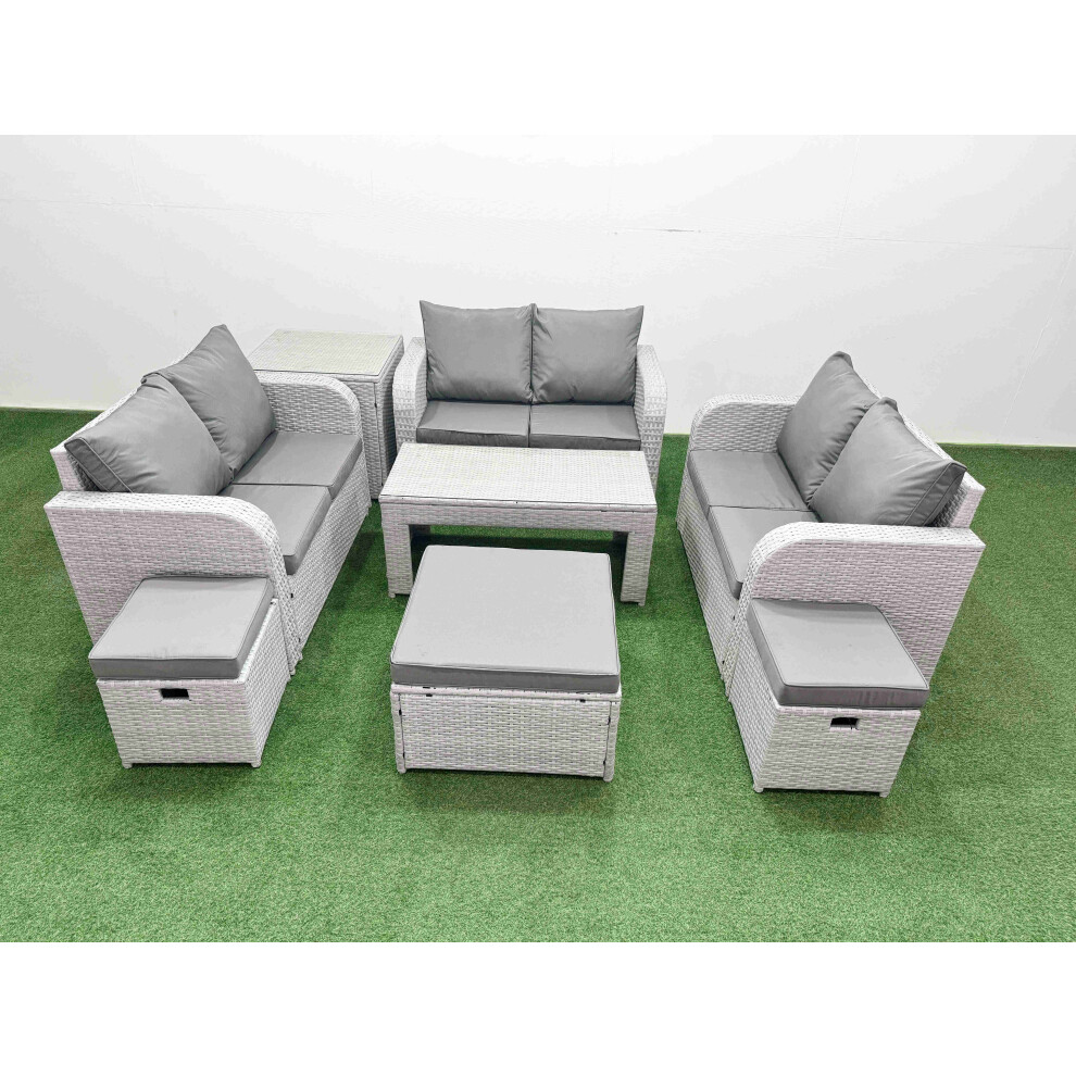 Fimous  9 Seater PE Wicker Rattan Furniture Sofa Sets with Oblong Coffee Table 2 Seater Love Sofa 3 Stool Side Table Light Grey