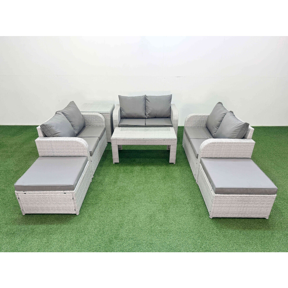 Fimous  8 Seater PE Wicker Rattan Furniture Sofa Sets with Oblong Coffee Table 2 Seater Love Sofa 2 Big Footstool Side Table Light Grey