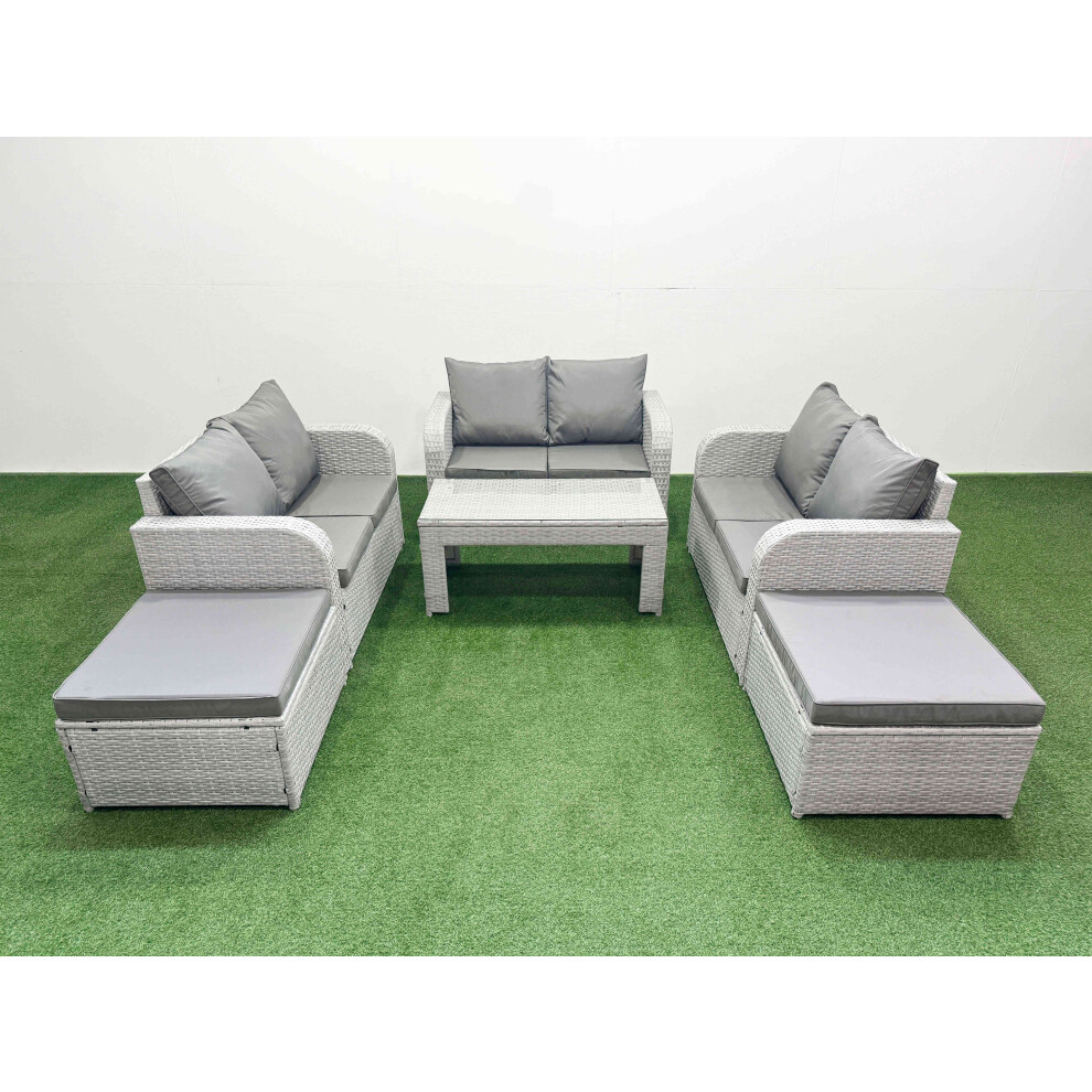 Fimous  8 Seater PE Wicker Rattan Furniture Sofa Sets with Oblong Coffee Table 2 Seater Love Sofa 2 Big Footstool Light Grey