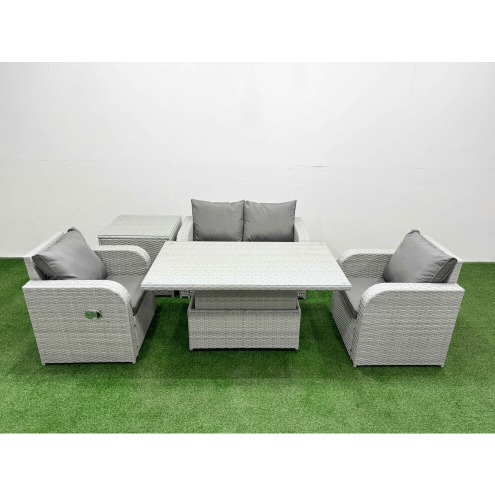 Fimous Light Grey PE Wicker Rattan Garden Furniture SetAdjustable Lifting Dining or Coffee Table 4 Seater With Side Table