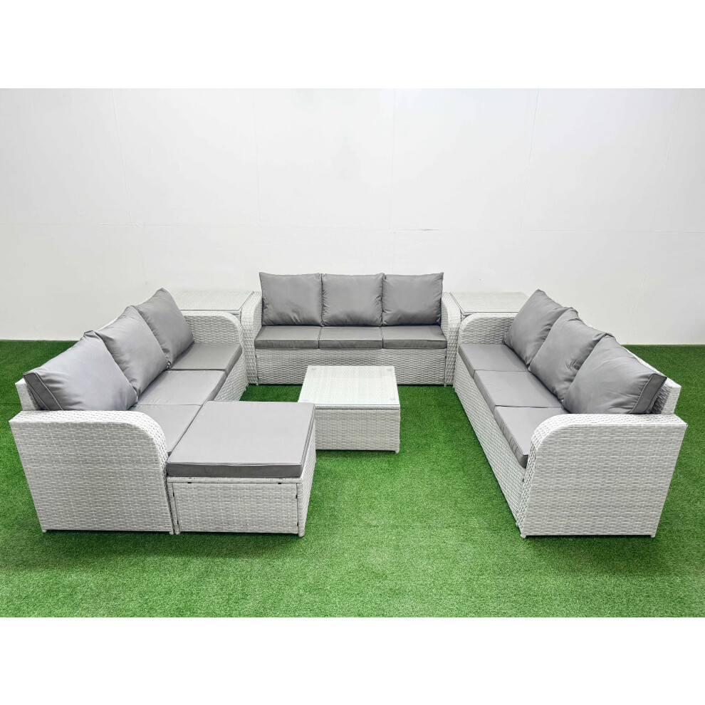 Fimous PE Rattan Lounge Sofa Set 10 Seater Outdoor Garden Furniture Set with Square Coffee Table 3 Seater Sofa Big Footstool 2 Side Table