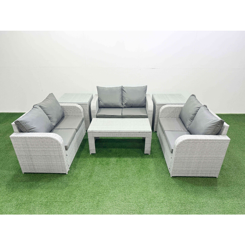 Fimous  6 Seater PE Wicker Rattan Furniture Sofa Sets with Oblong Coffee Table 2 Seater Love Sofa 2 Side Table Light Grey