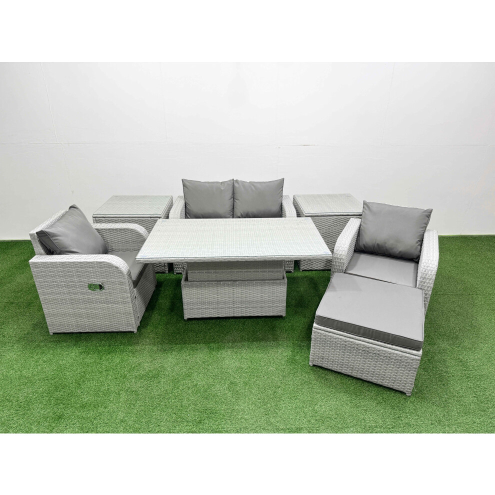 Fimous Light Grey PE Wicker Rattan Garden Furniture SetAdjustable Lifting Dining or Coffee Table 5 Seater With Footstool 2 Side Table