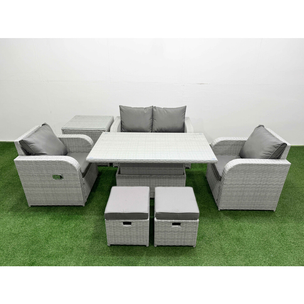 Fimous Light Grey PE Wicker Rattan Garden Furniture SetAdjustable Lifting Dining Or Coffee Table 6 Seater 2 Small Stools Side Table