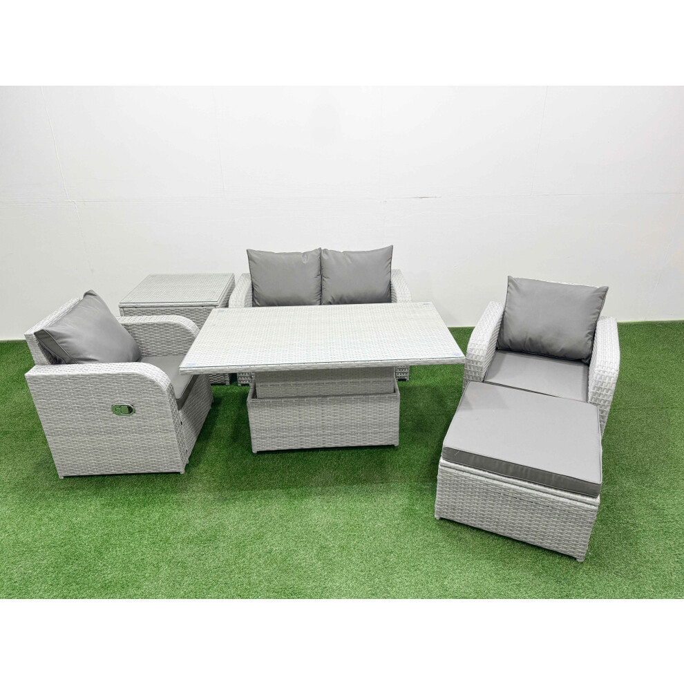 Fimous Light Grey PE Wicker Rattan Garden Furniture SetAdjustable Lifting Dining or Coffee Table 5 Seater With Footstool Side Table