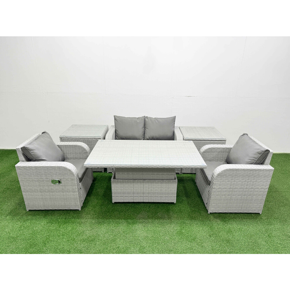 Fimous Light Grey PE Wicker Rattan Garden Furniture SetAdjustable Lifting Dining or Coffee Table 4 Seater With 2 Side Table