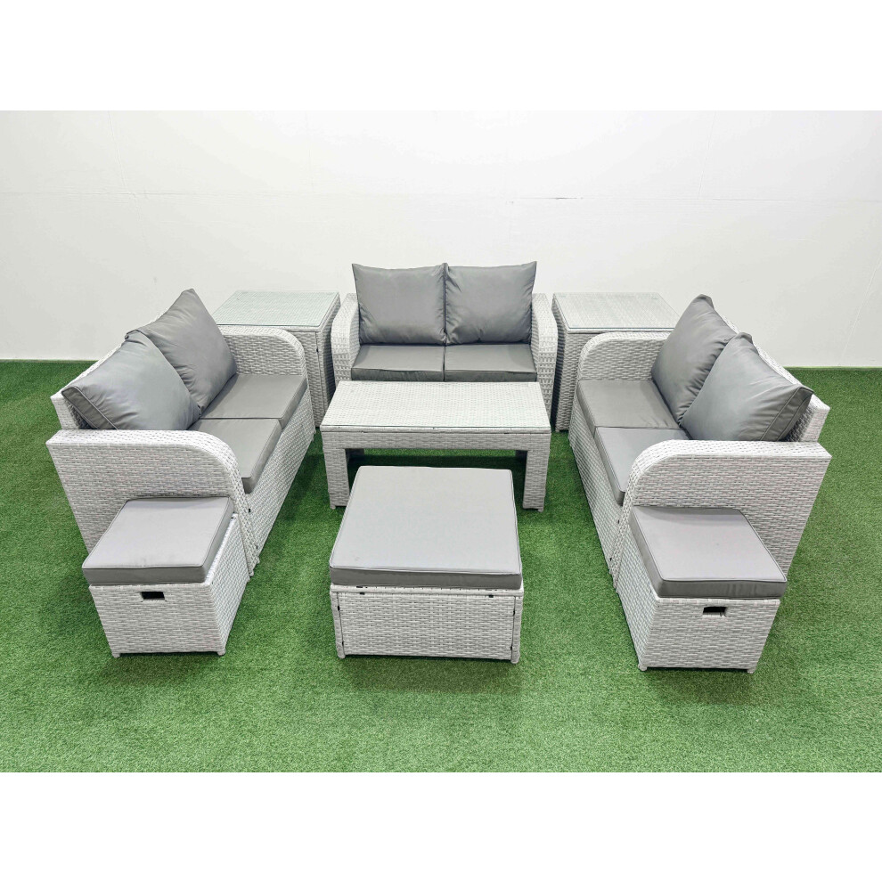 Fimous  9 Seater PE Wicker Rattan Furniture Sofa Sets with Oblong Coffee Table 2 Seater Love Sofa 3 Stool 2 Side Table Light Grey