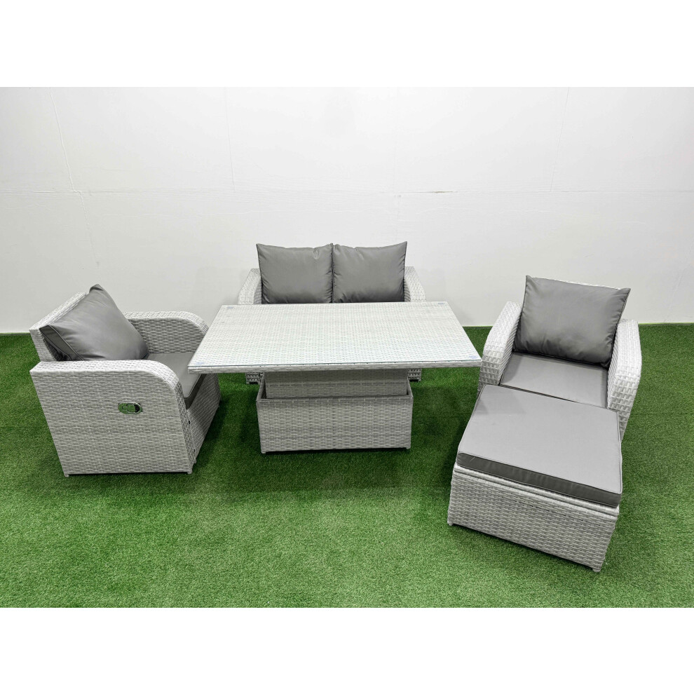 Fimous Light Grey PE Wicker Rattan Garden Furniture SetAdjustable Lifting Dining Or Coffee Table 5 Seater With Footstool