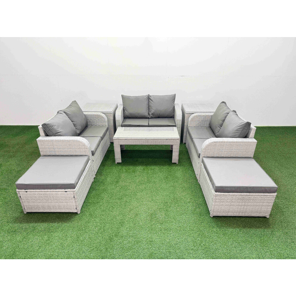 Fimous  8 Seater PE Wicker Rattan Furniture Sofa Sets with Oblong Coffee Table 2 Seater Love Sofa 2 Big Footstool 2 Side Table Light Grey