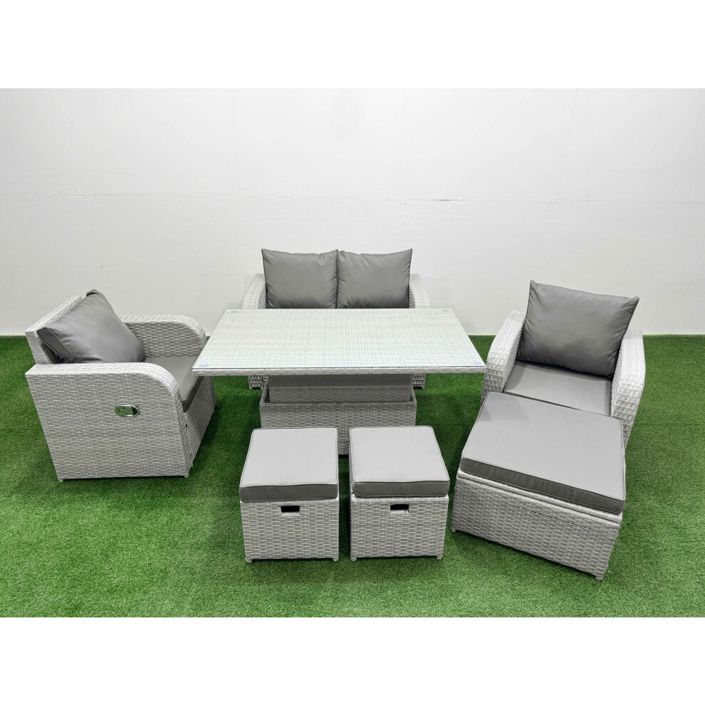 Fimous Light Grey PE Wicker Rattan Garden Furniture SetAdjustable Lifting Dining or Coffee Table 7 Seater 3  Stools