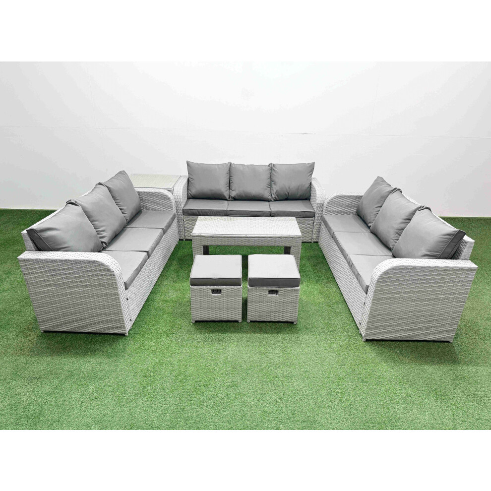 Fimous PE Rattan Lounge Sofa Set 11 Seater Outdoor Garden Furniture Set with3 Seater Sofa 2 Stools Side Table Light Grey