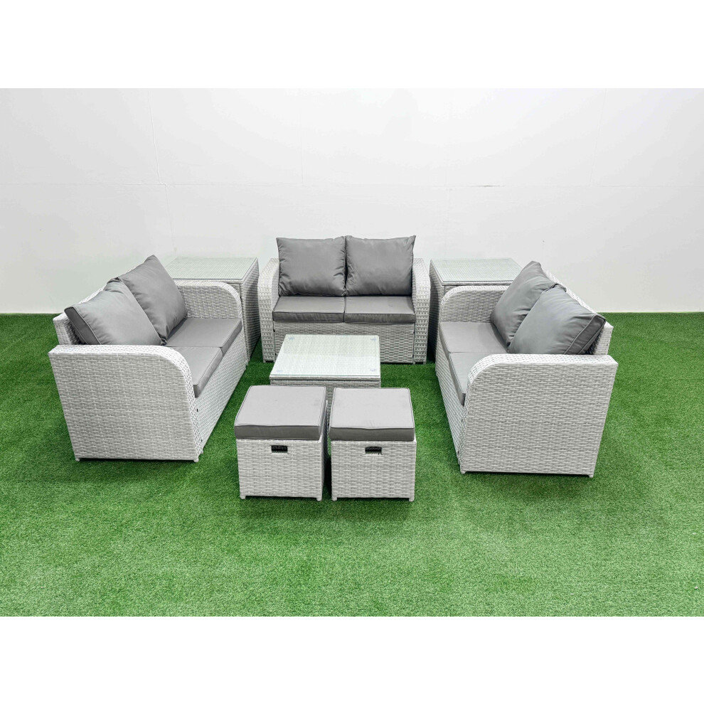 Fimous  8 Seater PE Wicker Rattan Furniture Sofa Sets with Square Coffee Table 2 Seater Love Sofa 2 Stool 2 Side Table Light Grey