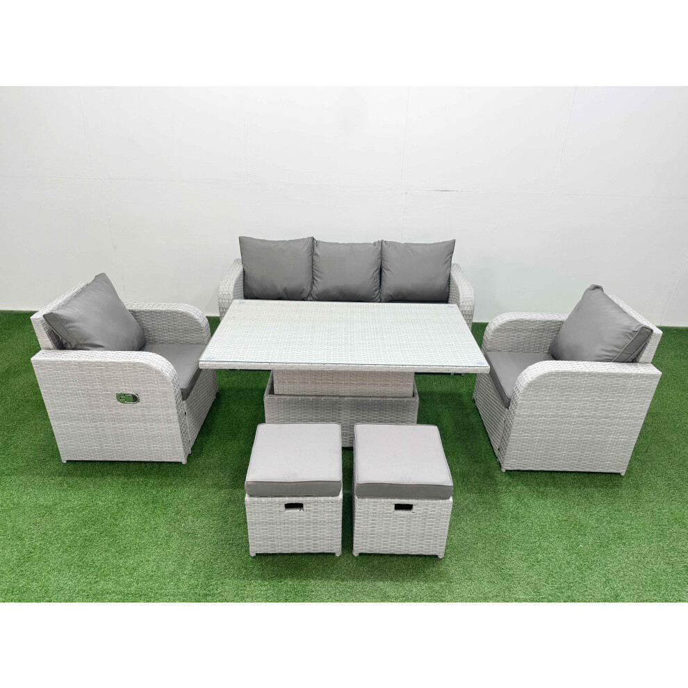 Fimous PE Rattan Garden Furniture Set  Adjustable Lifting Dining or Coffee Table 2 Small Stools Light Grey