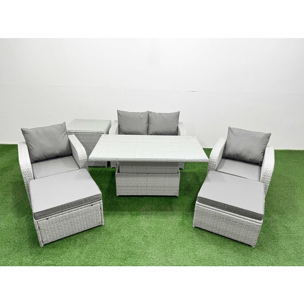 Fimous Light Grey PE Wicker Rattan Garden Furniture SetAdjustable Lifting Dining Or Coffee Table 6 Seater 2 Big Stools Side Table