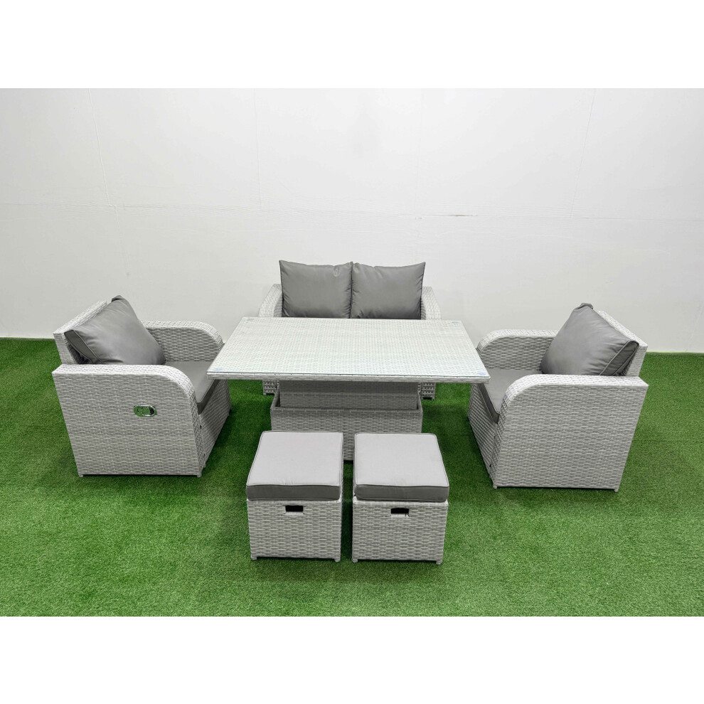 Fimous Light Grey PE Wicker Rattan Garden Furniture SetAdjustable Lifting Dining or Coffee Table 6 Seater 2 Small Stools