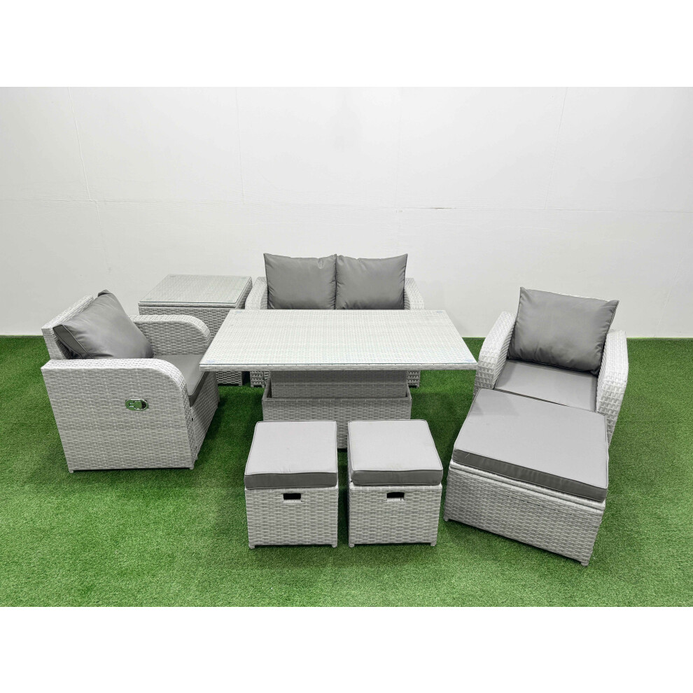Fimous Light Grey Pe Wicker Rattan Garden Furniture Setadjustable Lifting Dining Or Coffee Table 7 Seater 3 Stools Side Table
