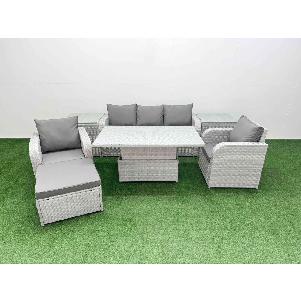 Fimous PE Rattan Garden Furniture Set  Adjustable Lifting Dining or Coffee Table 2 Side Table Big Footstool Light Grey