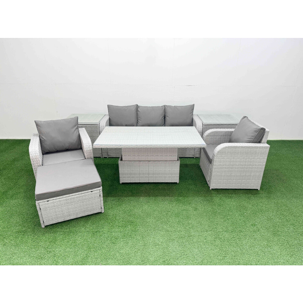 Fimous Light/Grey Pe Rattan Outdoor Lounge Set - Reclining Chair, Adjustable Lifting Dining/Coffee Table, 2 Side Tables & Big Footstool - Image 2