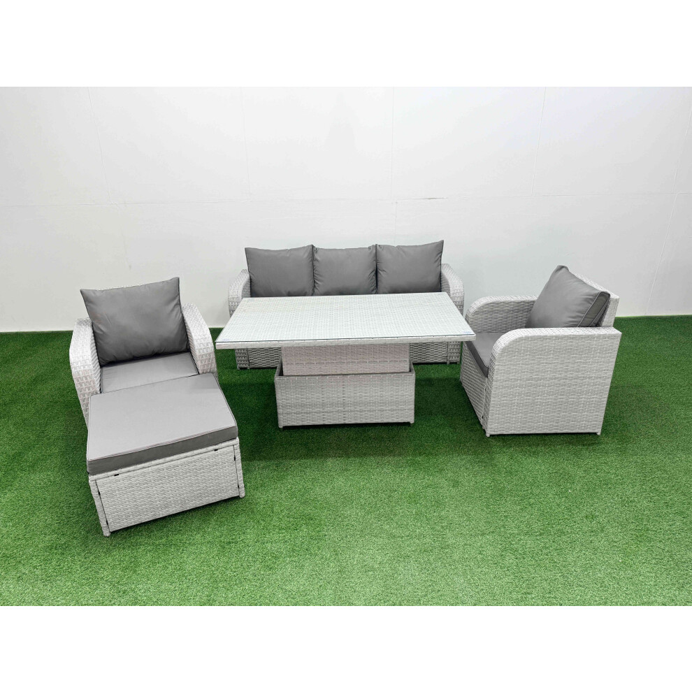 Fimous Pe Rattan Garden Furniture Set Adjustable Lifting Dining Or Coffee Table Big Footstool Light Grey