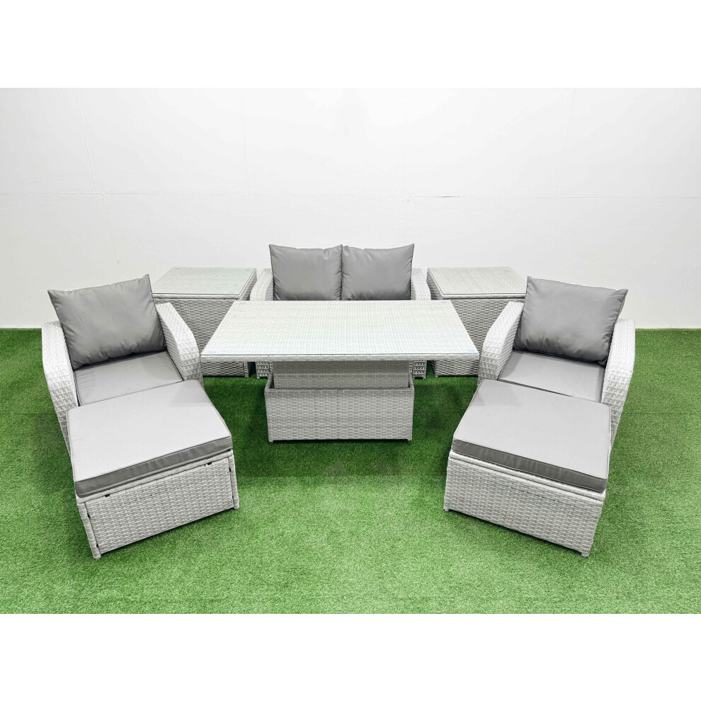 Fimous Light Grey PE Wicker Rattan Garden Furniture SetAdjustable Lifting Dining or Coffee Table 6 Seater 2 Big Stools 2 Side Table