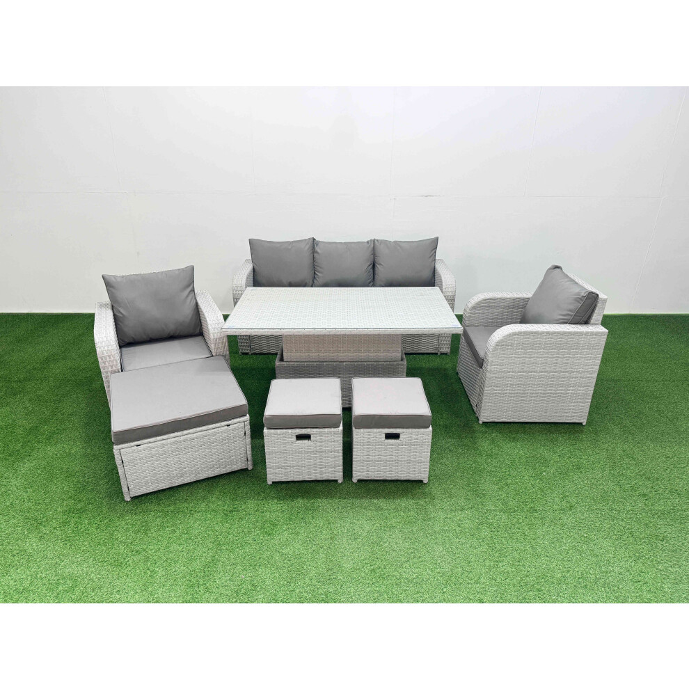 Fimous Pe Rattan Garden Furniture Set Adjustable Lifting Dining Or Coffee Table 3 Stools Light Grey