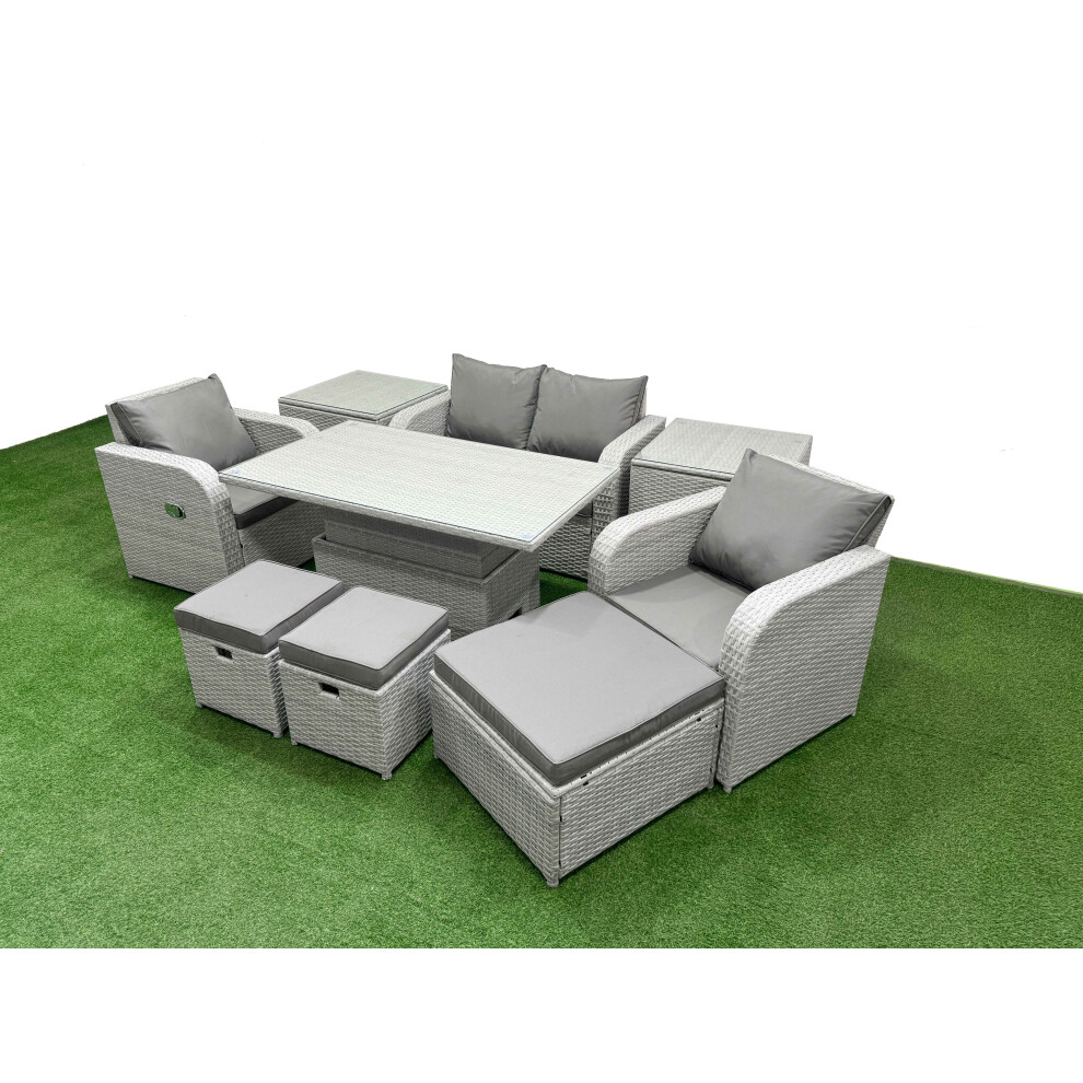 Fimous Light Grey PE Wicker Rattan Garden Furniture SetAdjustable Lifting Dining or Coffee Table 7 Seater 3  Stools 2 Side Table