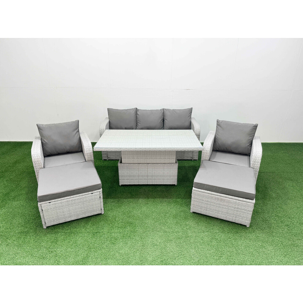 Fimous PE Rattan Garden Furniture Set Adjustable Lifting Dining Or Coffee Table 2 Big Footstool Light Grey