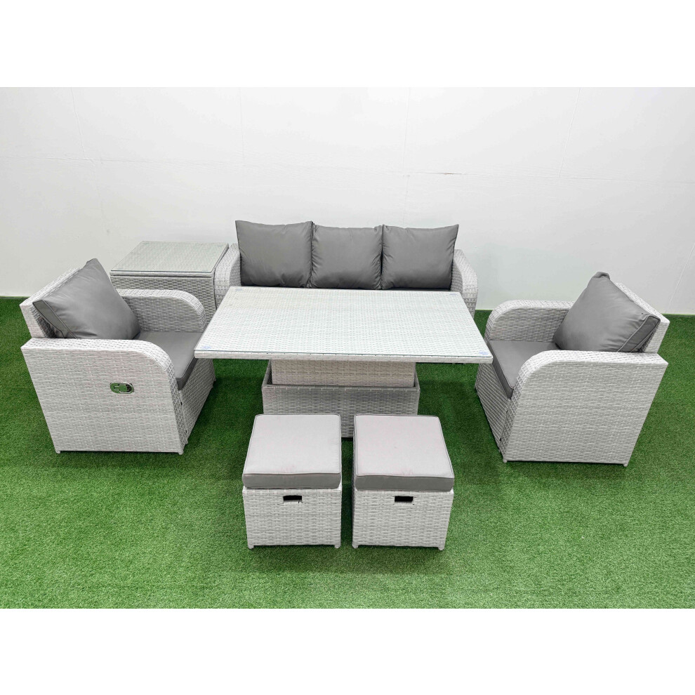 Fimous PE Rattan Garden Furniture Set  Adjustable Lifting Dining or Coffee Table Side Table 2 Small Stools Light Grey