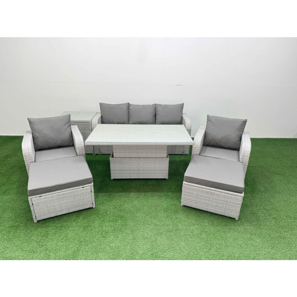 Fimous PE Rattan Garden Furniture Set  Adjustable Lifting Dining or Coffee Table Side Table 2 Big Footstool Light Grey