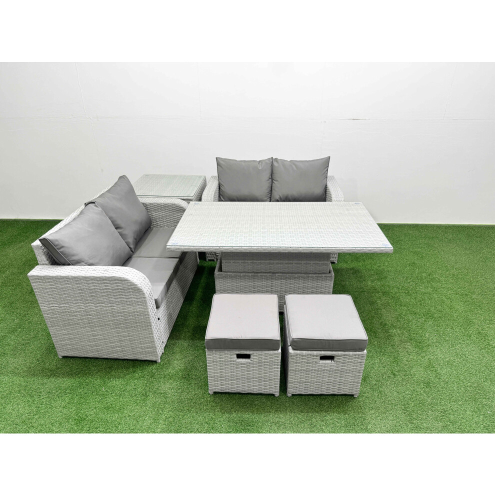 Fimous 6 Seater Outdoor Love Sofa Set Rattan Garden Furniture Set with Adjustable Lifting Dining or Coffee Table 2 Small Stools Side Table